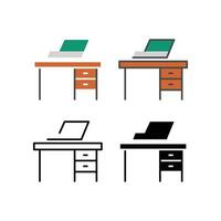 Büro Schreibtisch, Arbeitsplatz und Arbeit, Arbeiten Symbol. Studie Tabelle beim heim. Piktogramm Computer auf Schreibtisch, Büro Schubladen Arbeit Raum. Laptop auf Tabelle Symbol. Vektor Illustration. Design auf Weiß Hintergrund. eps10