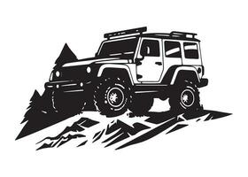 minimal och abstrakt logotyp av jeep ikon bil vektor silhuett isolerat design berg med tall träd