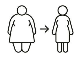 Gewicht Verlust, fettleibig Körper von Frau Veränderung auf dünn gesund Figur, Linie Symbol. fett, groß Größe und klein Mädchen. Risiko Diabetes. Vektor Gliederung Illustration