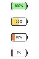 vektor batteri mätare symbol ikoner. en uppsättning av ikoner av de information stat av de batteri. en uppsättning av indikatorer av de nivå av avgift av de batteri. information ikoner för laddning de telefonens batteri