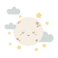 Vektor Illustration von süß Schlafen voll Mond oder Planet, Sterne, und Wolke.