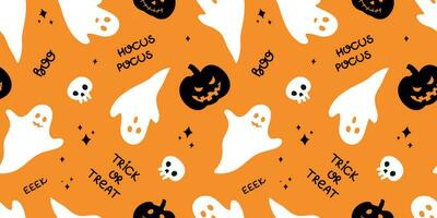 glücklich Halloween Muster. süß Weiß Geister und Kürbisse mit Halloween Sätze auf das Orange Hintergrund. nahtlos Muster mit Figuren. vektor