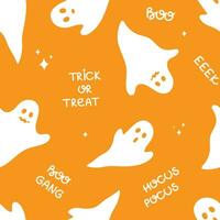 glücklich Halloween Muster. süß Weiß Geister mit Halloween Sätze auf das Orange Hintergrund. nahtlos Muster mit gespenstisch Figuren. vektor