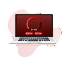 Geschwindigkeit Prüfung auf Laptop. Tachometer Internet Geschwindigkeit 50 mb. Webseite Geschwindigkeit Wird geladen Zeit. Vektor Illustration