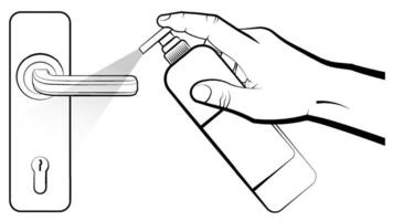 man hand sprayer desinfektionsmedel flytande från desinfektionsmedel på dörrhandtag. desinfektion av ytor. stridande infektion, hygien. isolerat vektor på vit bakgrund