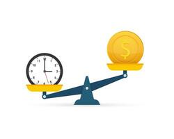 tid är pengar på skalor ikon. pengar och tid balans på skala. vektor illustration.