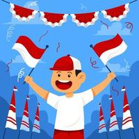 Junge schwenkte die Flagge, die den Unabhängigkeitstag von Indonesien feiert vektor