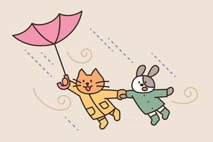 Süße Katze und Hund, die Händchen halten und in einem Taifun fliegen.
