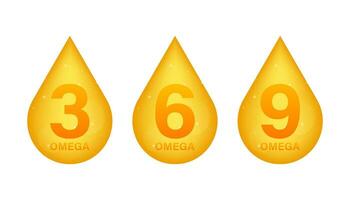 Omega 3, 6, 9, Gold Symbol. Vitamin fallen Pille Kapsel. leuchtenden golden Wesen Tröpfchen Vektor Illustration