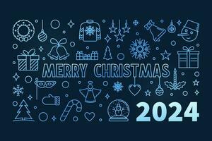 2024 xmas färgrik affisch eller baner i översikt stil - vektor glad jul blå horisontell illustration