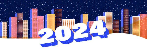 Neu Jahr Banner mit das Stadt. Vektor Illustration von ein groß Stadt mit bunt Häuser. Urlaub Banner zum 2024.