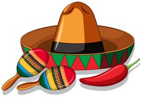 Mexikansk hatt och maracas på vit bakgrund vektor
