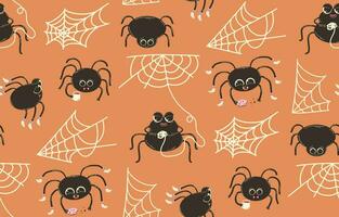 nahtlos Muster zum Halloween mit Spinnen und Spinnweben. Vektor Hintergrund mit süß Spinne Zeichen im eben retro Stil.