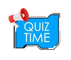 Quiz Zeit Logo mit Uhr, Konzept von Fragebogen Show singen, Quiz Taste, Frage Wettbewerb. Vektor Lager Illustration.
