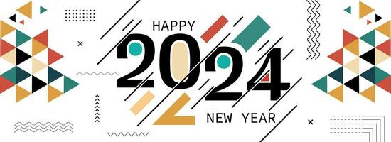 glücklich Neu Jahr 2024 Startseite mit modern abstrakt geometrisch Design und Hintergrund im retro Stil. Neu Jahr Gruß Karte Banner zum 2024 Typografie und Auflösung. bunt Dreiecke Vektor Illustration.