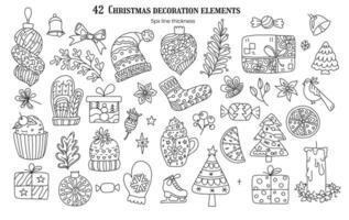 uppsättning av jul och ny år dekoration element. linje konst dekor. kan förändra linje stroke vikt, tunnhet. xmas träd, bollar, gåvor, choklad, desserter, småkakor, mandarin. samling för design vektor