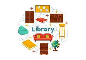 bibliotek vektor illustration av bok hyllor med interiör trä- möbel för läsning, utbildning och kunskap i platt tecknad serie bakgrund design