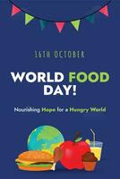 värld mat dag. 16: e oktober mat dag firande. mat dag önskar vektor social media posta med äpple, hamburgare, muffin ikoner. mat dag medvetenhet begrepp.