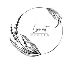 botanisch Linie Illustration von Lavendel Blume Ast Kranz zum Hochzeit Einladung und Karten, Logo Design, Netz, Sozial Medien und Plakate Vorlage. elegant minimal Stil Blumen- Vektor isoliert.