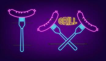 tecknad serie grill korv. neon ikon. hand dragen vektor illustration. isolerat ikon uppsättning.