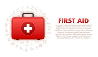 tecknad serie ikon med röd först hjälpa på vit bakgrund för medicinsk design. platt vektor illustration.