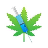 sluta läkemedel. narkotika förbud. grön marijuana blad och vaccin spruta vektor