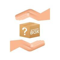 Geheimnis Box mit Hände. Verpackung zum Konzept Design. Überraschung gegenwärtig. Paket Design. Hilfe Symbol. Frage Kennzeichen Symbol. Vektor Lager Illustration