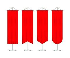 Signal rot lange Sport Werbung Wimpel Banner Proben auf Pole Stand Unterstützung Sockel realistisch Satz. Vektor Lager Illustration.