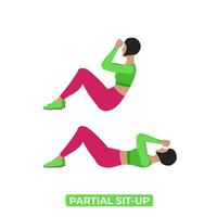 vektor kvinna håller på med partiell sitta upp. kroppsvikt kondition magmuskler och kärna träna träning. ett pedagogisk illustration på en vit bakgrund.