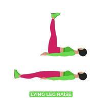 Vektor Frau tun Lügen Bein heben. Körpergewicht Fitness Abs und Ader trainieren Übung. ein lehrreich Illustration auf ein Weiß Hintergrund.