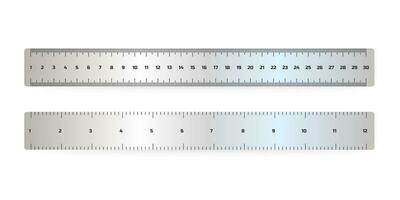 realistisch Metall Lineal Messung Skala. Vektor Markup zum 15 Zoll 30 Zentimeter Lineale, Metall messen Werkzeug cm Meter Instrument. Vektor Lager Illustration.