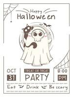 halloween fest inbjudan affisch med söt söt spöke. broschyr med calligraphic text. halloween karaktär vektor illustration i rosa retro färger