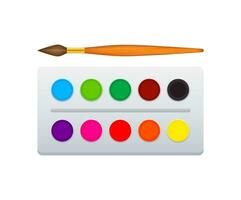 tecknad serie paintbrush och palett av målarfärger sju färger av regnbåge. vektor stock illustration.