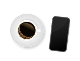 smartphone med kopp av stark kaffe på vit bakgrund. vektor stock illustration