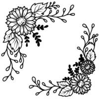 illustration av blommig ram med svart och vit solrosor på vit bakgrund vektor