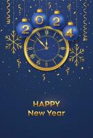 glücklich Neu Jahr 2024. hängend Blau Weihnachten Flitter Bälle mit realistisch Gold 3d Zahlen 2024 und Schneeflocken. Uhr mit römisch Ziffer und Countdown Mitternacht, Vorabend zum Neu Jahr. fröhlich Weihnachten. Vektor. vektor