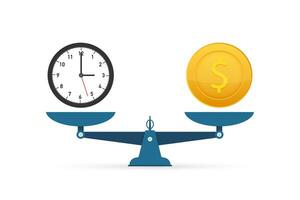 tid är pengar på skalor ikon. pengar och tid balans på skala. vektor stock illustration