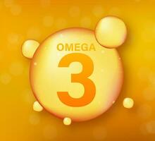 Omega 3 Gold Symbol. Vitamin fallen Pille Kapsel. leuchtenden golden Wesen Tröpfchen. Vektor Illustration