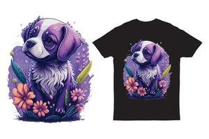 illustration av modern t-shirt design av söt valp fantasi blommor stänk vektor