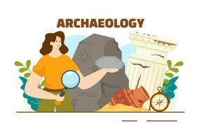 Archäologie Vektor Illustration mit archäologisch Ausgrabung von uralt Ruinen, Artefakte und Dinosaurier Fossil im eben Karikatur Hand gezeichnet Vorlagen