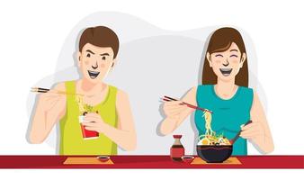 Mann und Frau essen Nudeln, Menschen essen Vektorbild vektor