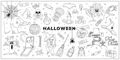 Vektor einstellen von Halloween Clip Art. lustig, süß Illustration zum saisonal Design, Textil, Dekoration Kinder Spielzimmer oder Gruß Karte. Hand gezeichnet druckt und Kritzeleien