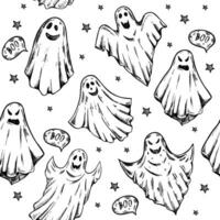 sömlös mönster av ritad för hand spöken. skrämmande vit spöken. Lycklig halloween. söt årgång läskigt tecken. vektor illustration för affischer, dekoration och skriva ut.