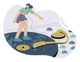 komisch Karikatur jung Frau dj. Nachahmung von Surfen oder Skateboarding auf ein Vinyl aufzeichnen, eben Stil. vektor