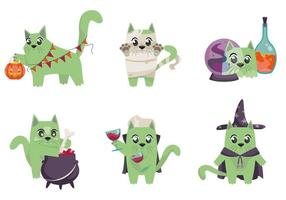 Katze in verschiedenen Kostümen. Halloween-Figuren im Cartoon-Stil vektor