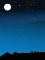 Aussicht von das Nacht Himmel auf ein dim und schön hügel. begleitet durch Silhouetten von Vögel auf das Hügel beim Nacht und leuchtenden Mondlicht, Vektor Illustration.