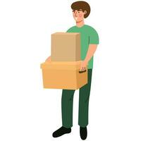 Mann halten Kisten im Hände, ziehen um zu Büro, Ändern Gehäuse oder Kauf Neu Wohnung . vektor