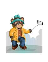 Vektorbild eines Bären in Hut und Mantel, der ein Selfie macht vektor