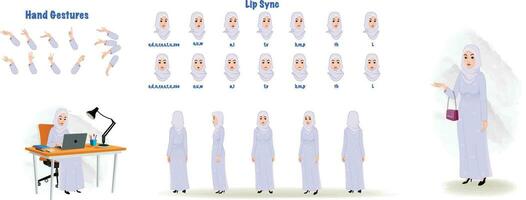 ett arab studerande karaktär modell ark. arab skola flicka skapande uppsättning. studerande vänd dig om ark, hand gester, läpp synkronisera vektor