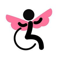 eben Symbol von deaktiviert Person und Rollstuhl. deaktiviert Person Symbol mit Rosa Flügel. Konzept zum Portion Menschen mit Behinderungen. Vektor Illustration Symbol auf Weiß Hintergrund.